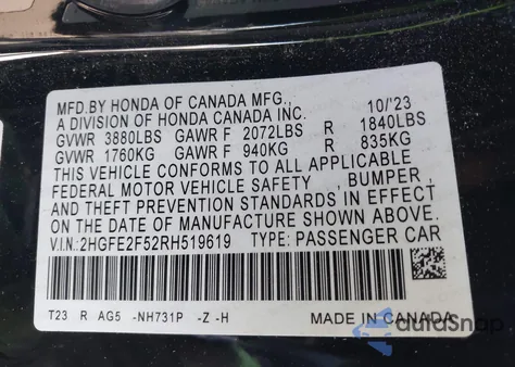 2024 Honda Civic Sport из США, поврежденный, VIN 2HGFE2F52RH519619